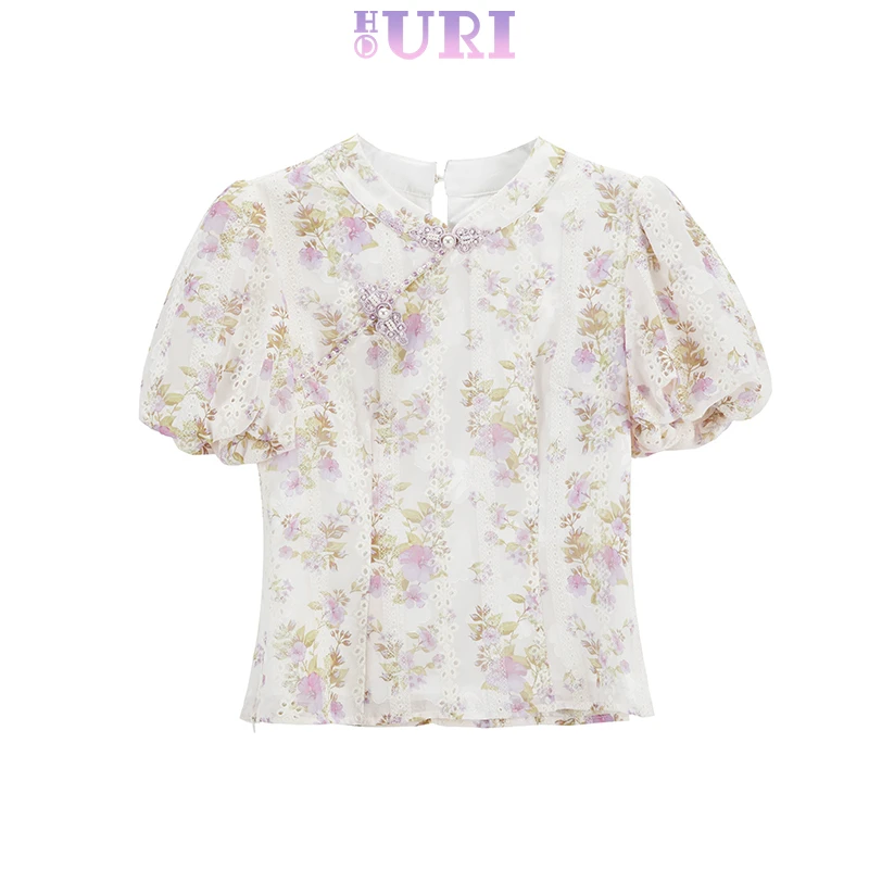 HOURI/海蕾琳雪纺衫女夏季新款中式浪漫V领盘扣短袖碎花上衣