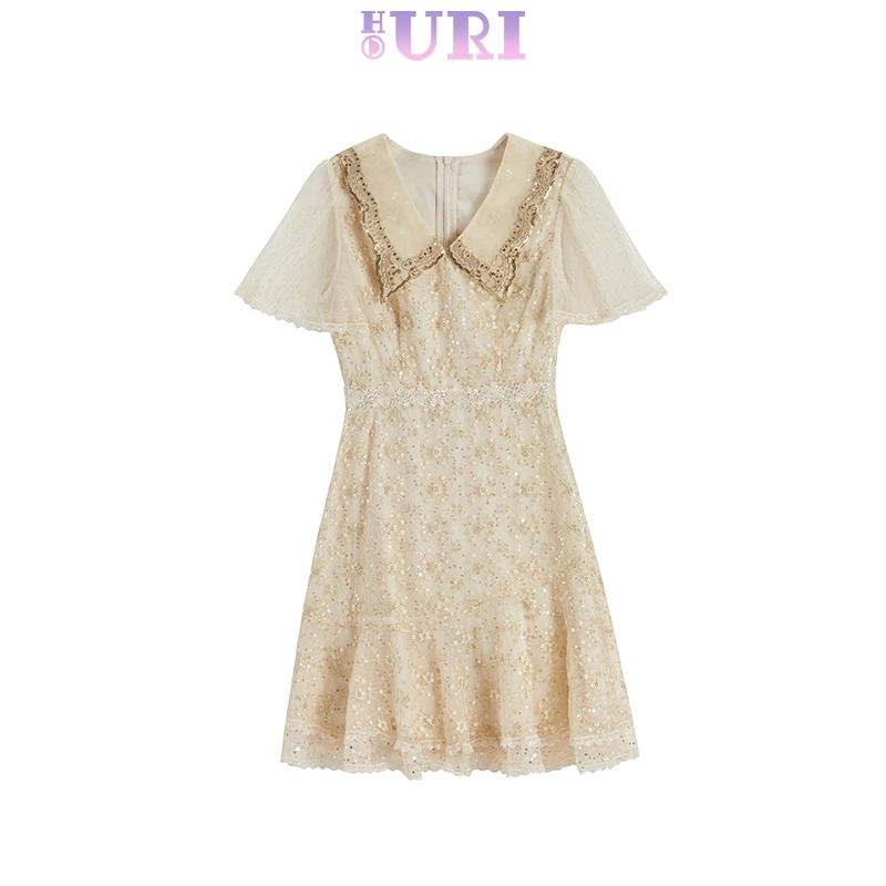 HOURI/海蕾琳法式气质亮片娃娃领连衣裙女夏名媛高级收腰鱼尾裙