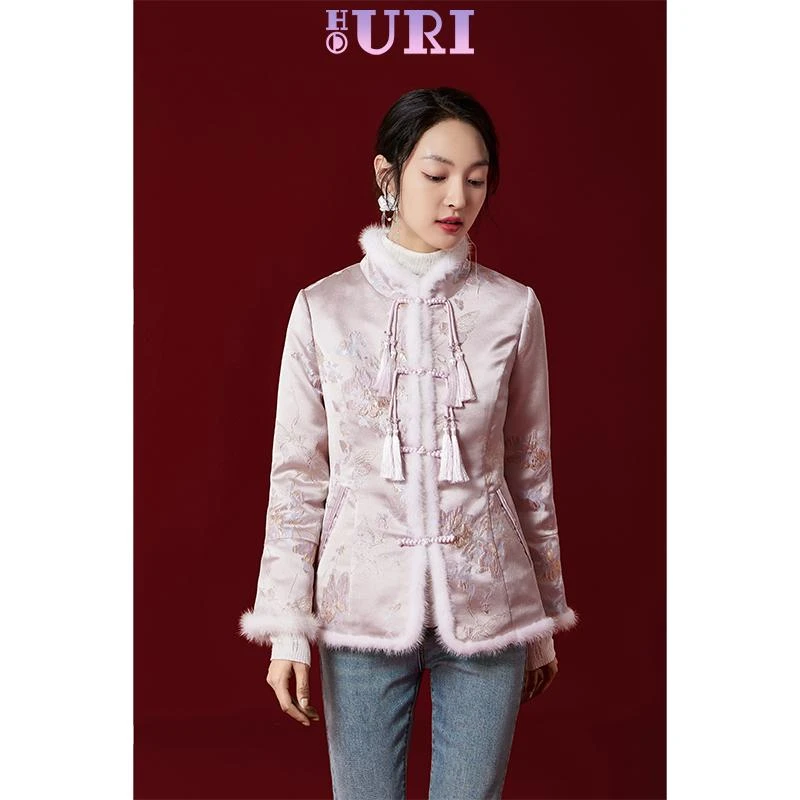 HOURI海蕾琳冬季新款新中式国风盘扣鹅绒服女冬季拼接水貂毛