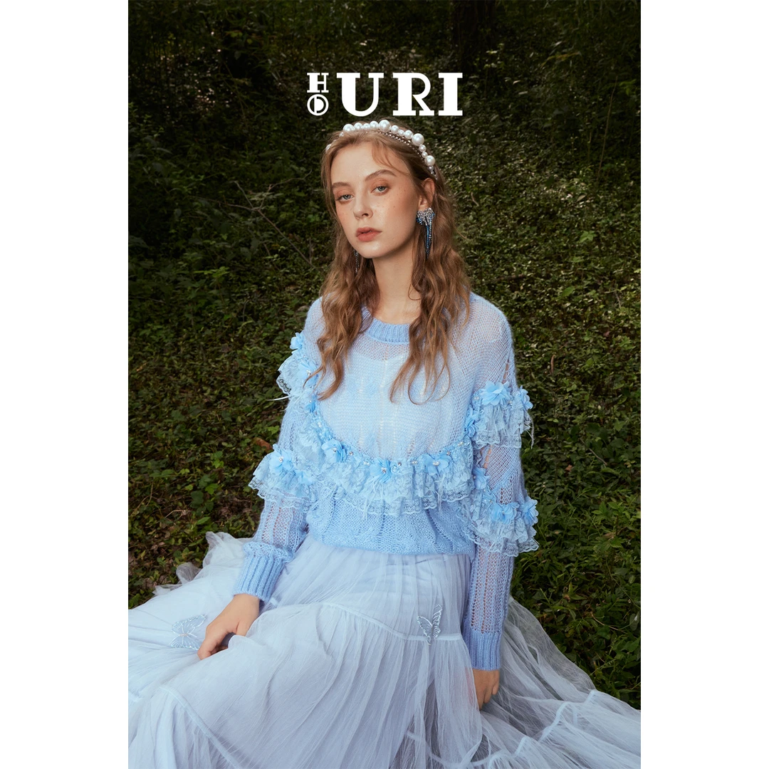 HOURI/海蕾琳春季新款法式浪漫立体花朵镂空针织衫