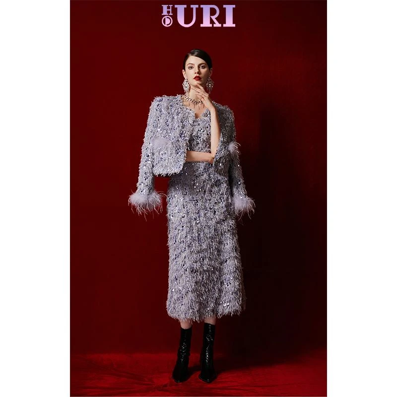 HOURI海蕾琳高端重工加绒外套秋冬短款流苏亮片小香风设计感上衣