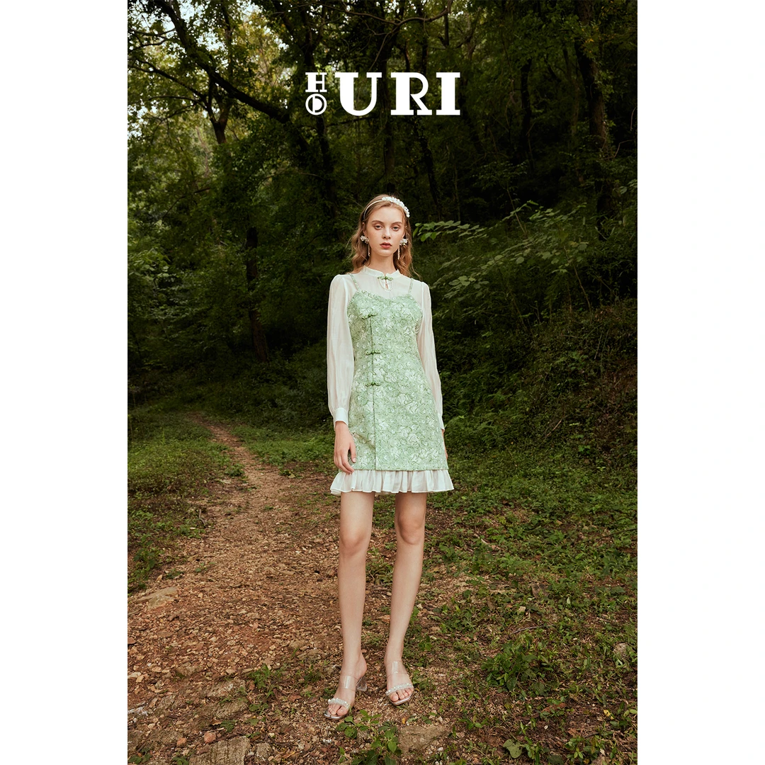 HOURI/海蕾琳连衣裙女春季新款假两件新中式盘扣中长款a字裙