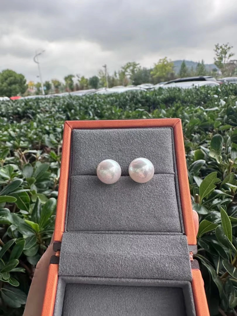 天然淡水珍珠耳钉正圆极光耳钉11mm素耳钉S925银百搭轻奢