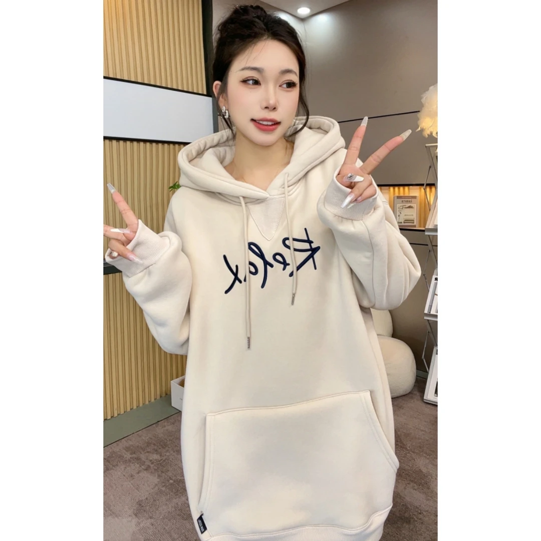 【佳人有约】刺绣连帽加绒加厚卫衣女2024年秋冬新款宽松外套