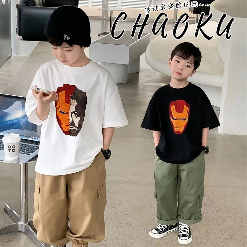 变脸蜘蛛侠纯棉短袖t恤男童夏季中大童卡通宽松薄款变色亮片上衣
