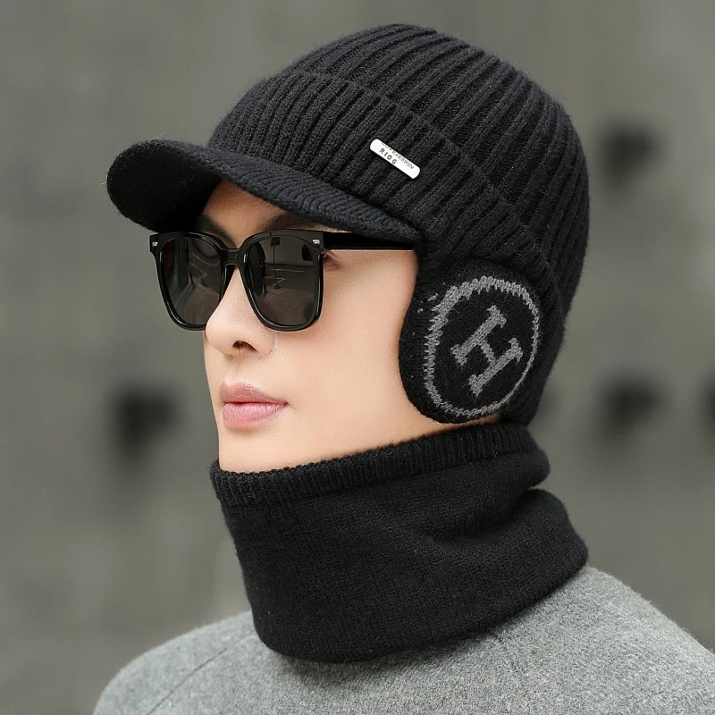 栀晓毛线帽子男冬天加绒加厚保暖帽时尚防寒鸭舌包耳帽防风针织帽