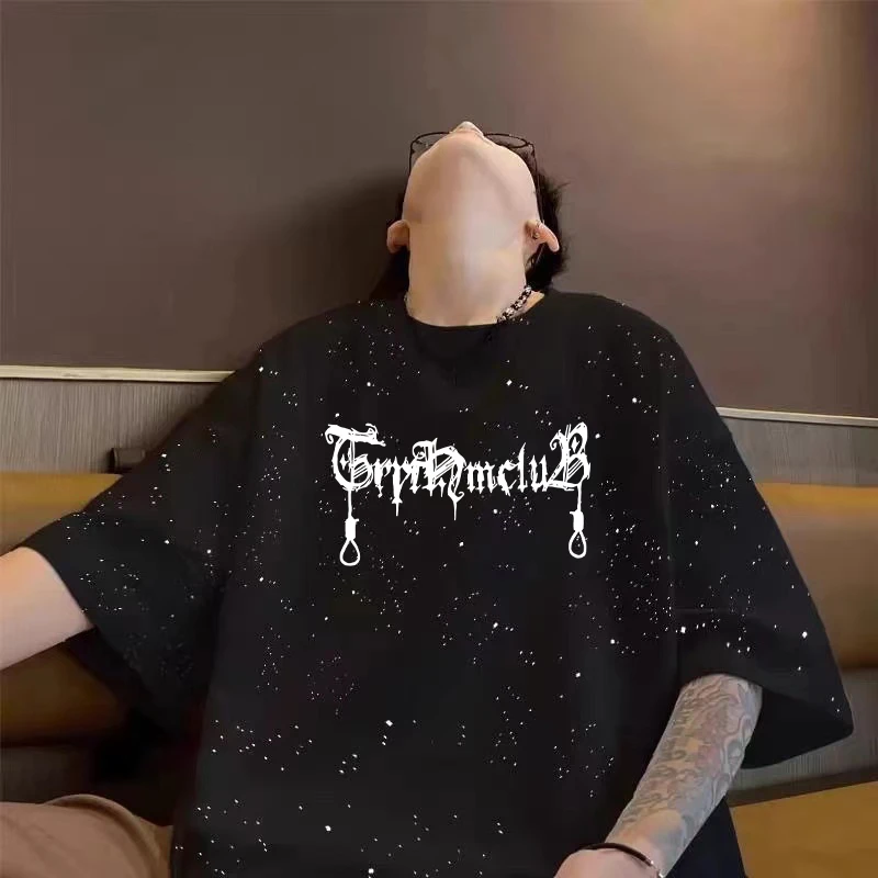 大码300斤美式高街复古满天星短袖t恤男夏季痞帅宽松纯棉半袖上衣