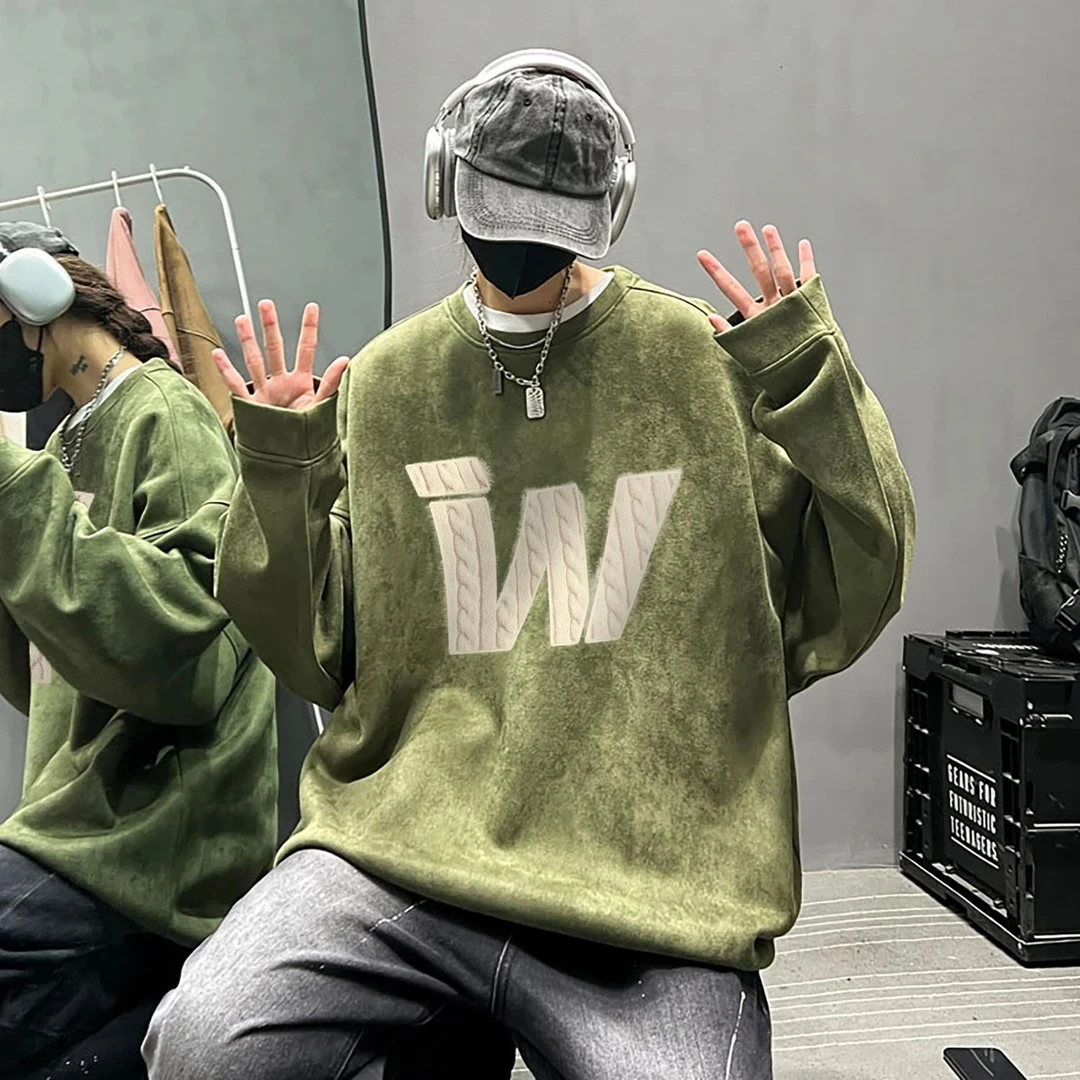 加肥加大码300斤麂皮绒圆领卫衣男秋冬加绒加厚重磅宽松长袖上衣