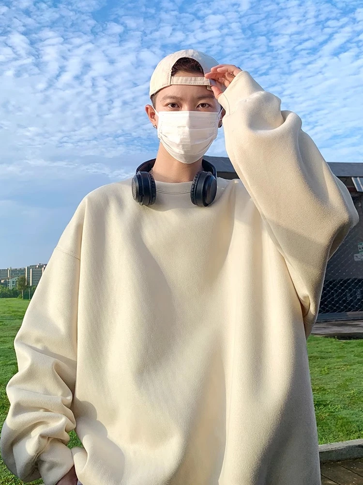 加肥加大码300斤600g重磅仿麂皮圆领卫衣男秋冬加绒加厚长袖上衣