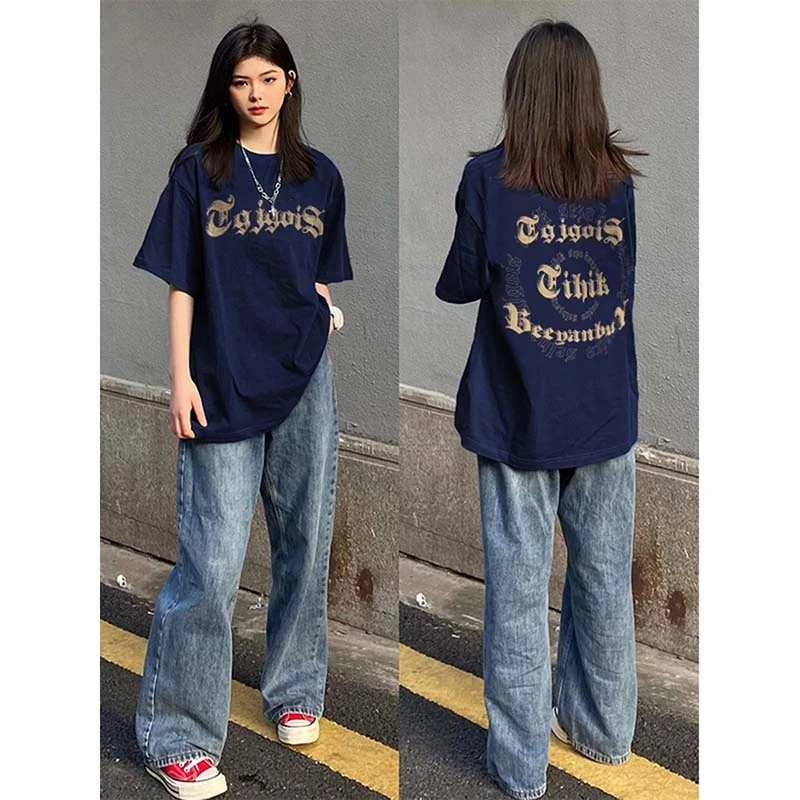 加肥加大码300斤美式复古藏蓝色短袖男t恤夏季ins潮牌纯棉上衣服