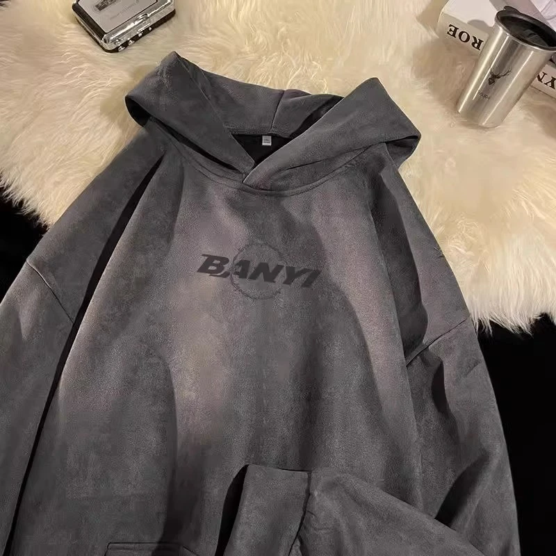 加肥加大码300斤美式复古麂皮绒连帽卫衣男秋冬款ins潮牌宽松外套