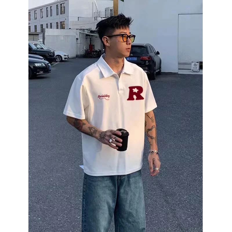 大码男装300斤美式街头polo衫短袖男夏季ins潮牌字母印花宽松上衣