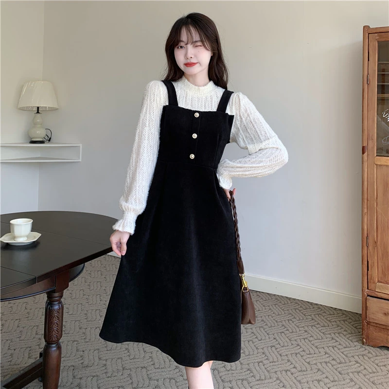 （现货）2024秋冬款甜美遮肉显瘦长袖假两件灯芯绒连衣裙1227