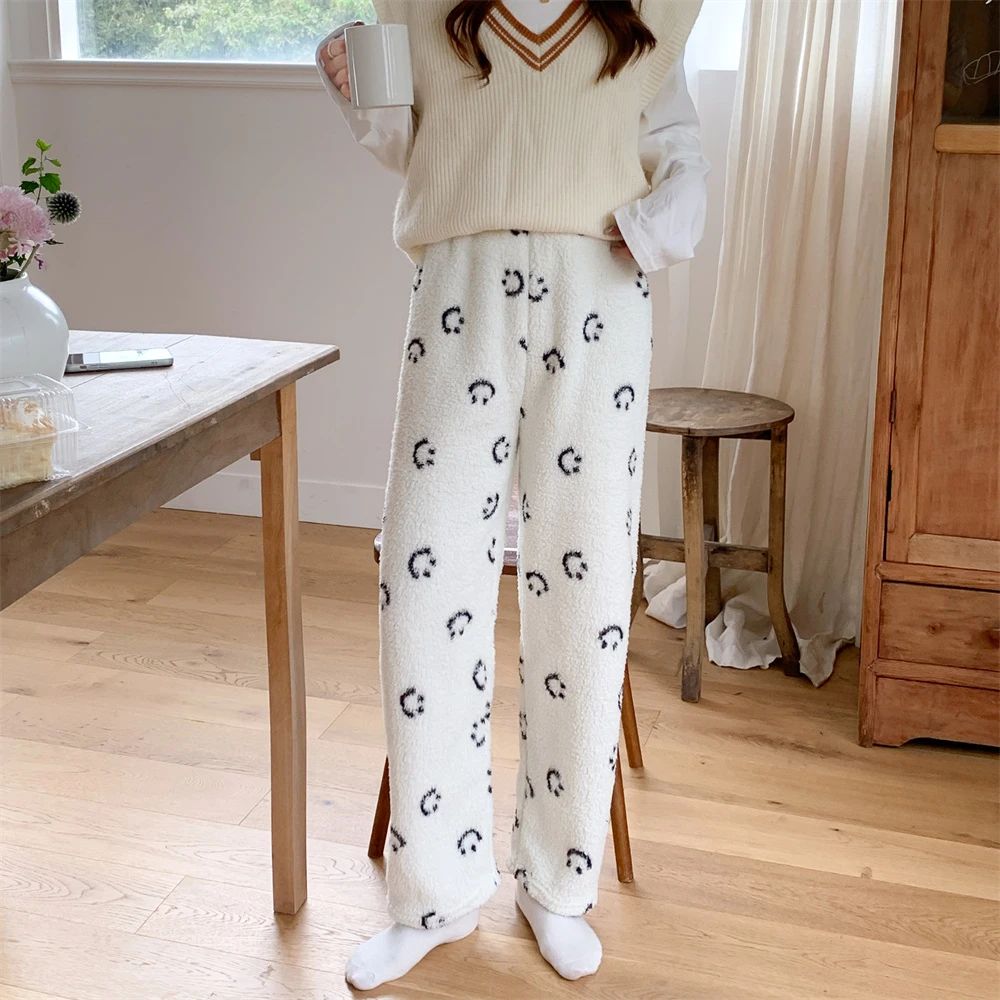 秋冬新款白色笑脸美丽长毛绒睡裤女宽松保暖加厚冬天休闲居家长裤