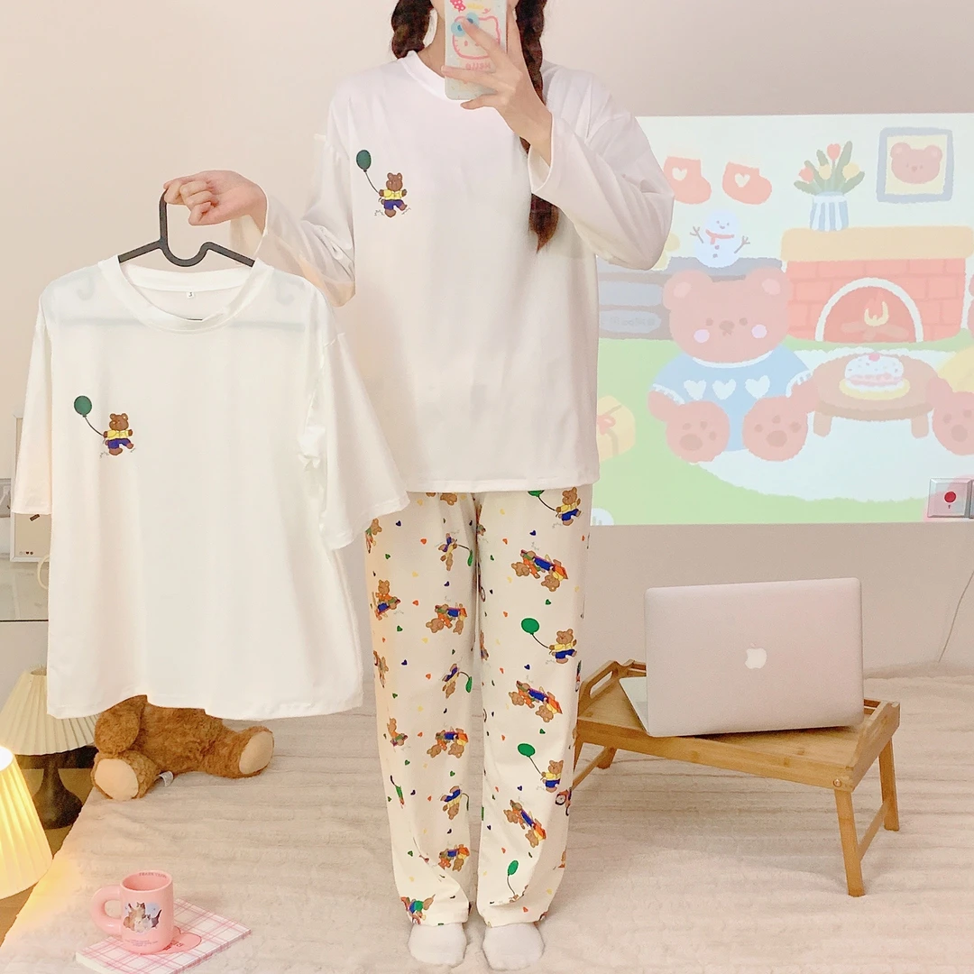 三件套睡衣女春秋夏款宽松卡通气球熊长短袖休闲家居服套装可外穿