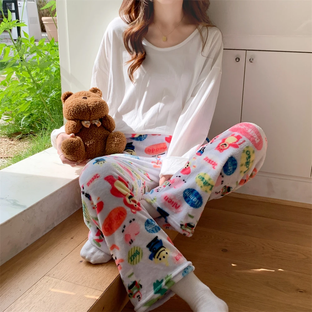 法兰绒韩版卡通马戏团睡裤女秋冬季新款珊瑚绒加厚保暖休闲居家裤