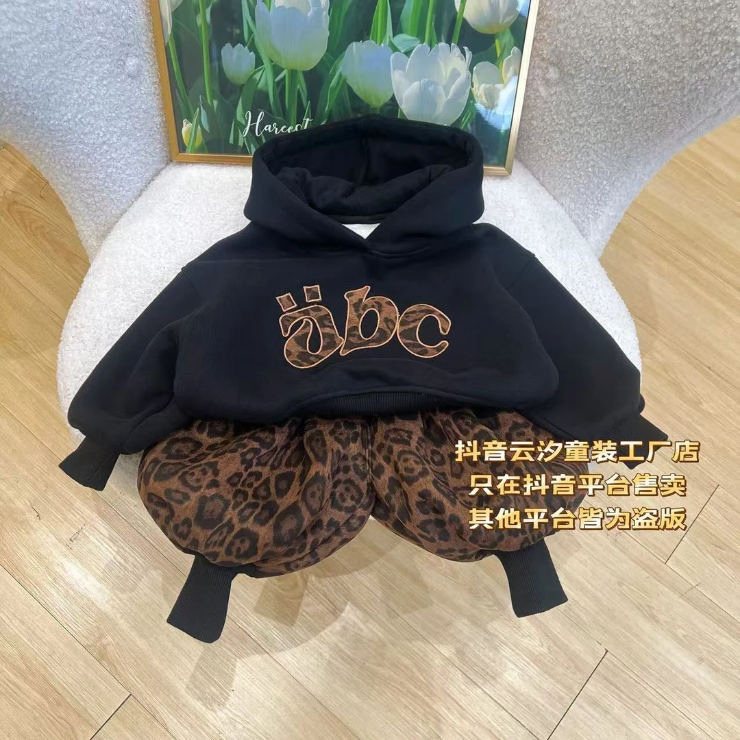 【现货】冬季百搭加绒加厚黑色abc豹纹连帽卫衣+豹纹小灯笼裤套装
