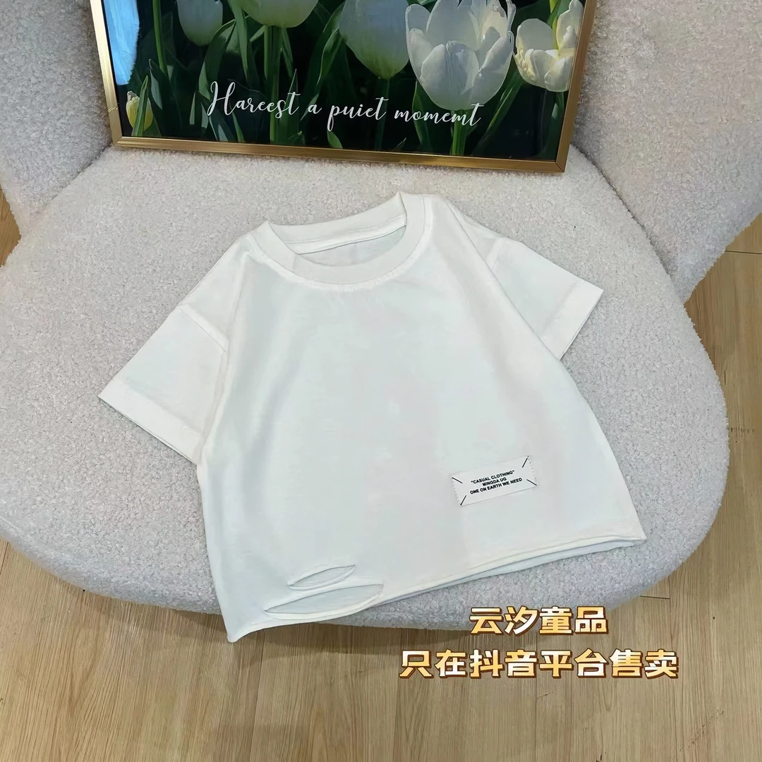 2024新款简约韩版内搭圆领破洞小标签T恤短袖