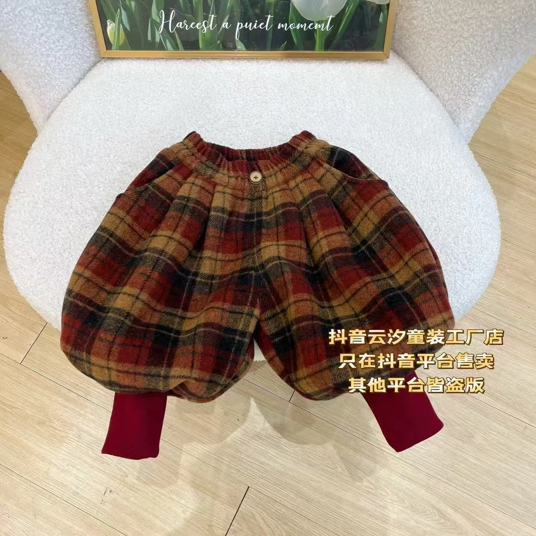 冬季新款儿童百搭潮款加绒加厚英伦风格子小脚灯笼裤