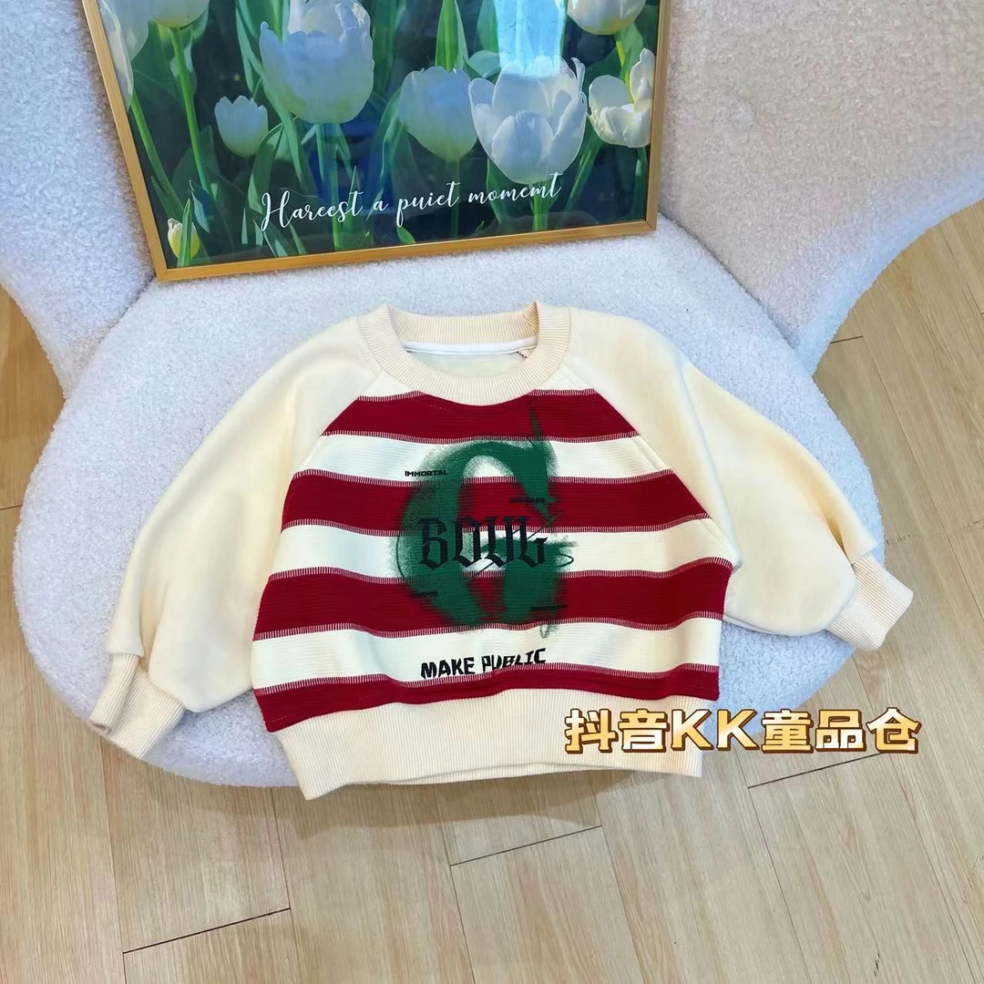 2024秋季新款红白条纹撞色拼接g字母儿童卫衣