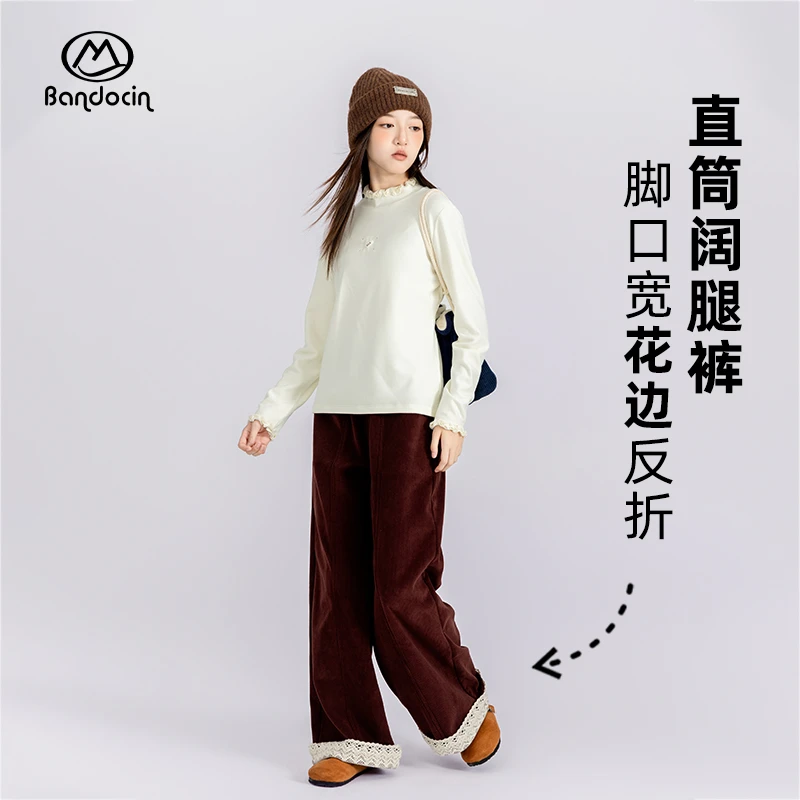 BANDOCIN/半度闲秋冬复古蕾丝卷边直筒裤女童加厚针织休闲阔腿裤