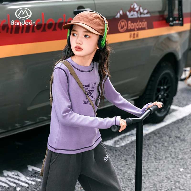 BANDOCIN户外速干明线长袖透气排汗修身打底女童印花徒步运动T恤