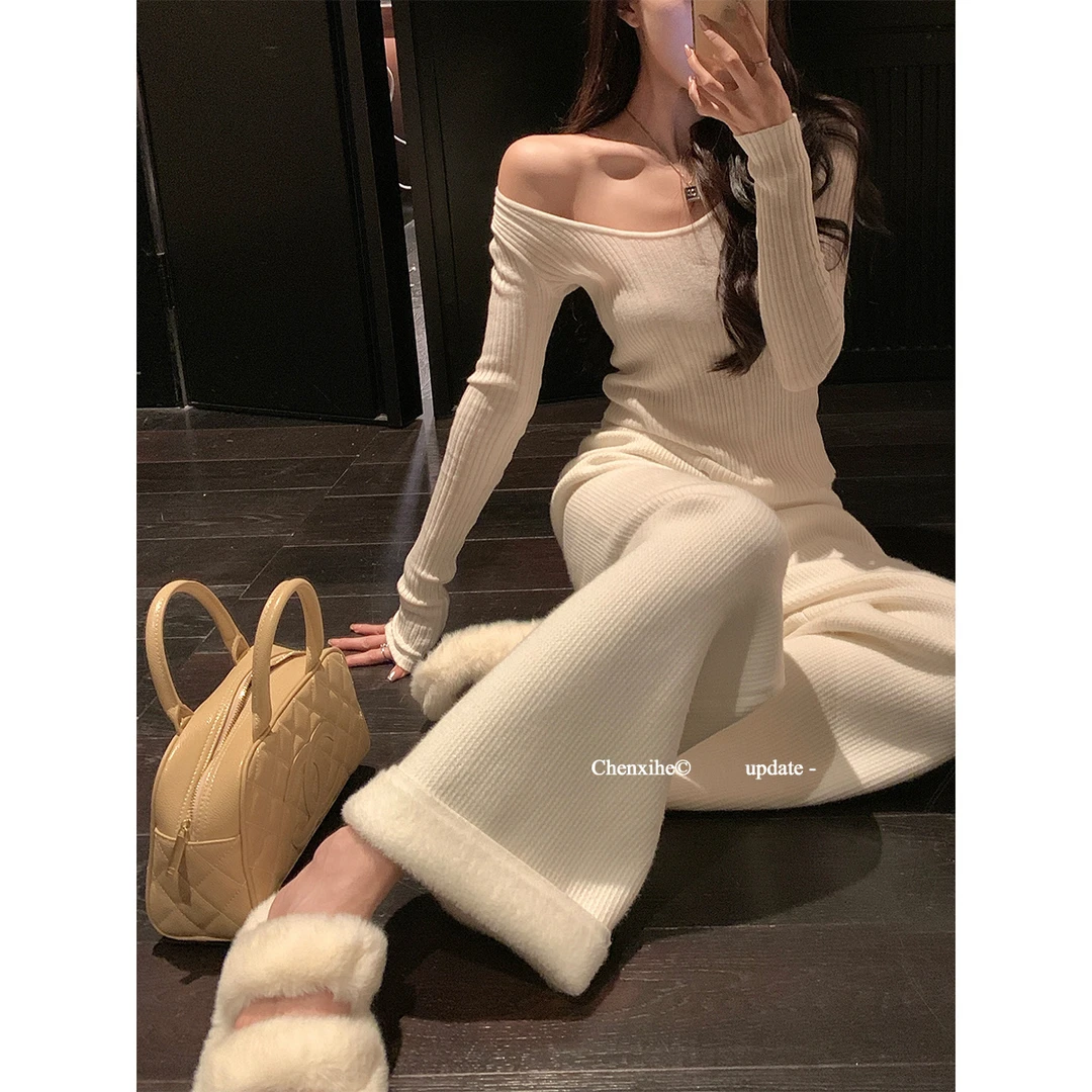 何晨曦6折清 懒人居家出街保暖针织裤女秋冬高腰加绒阔腿裤T0106K