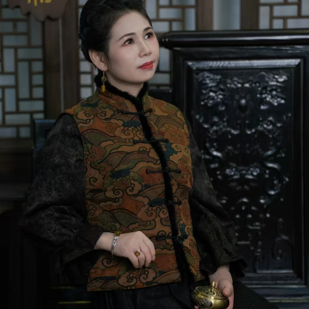 祥安姿服饰香云纱19周年限量回馈款双面穿水貂毛马甲C359082-1