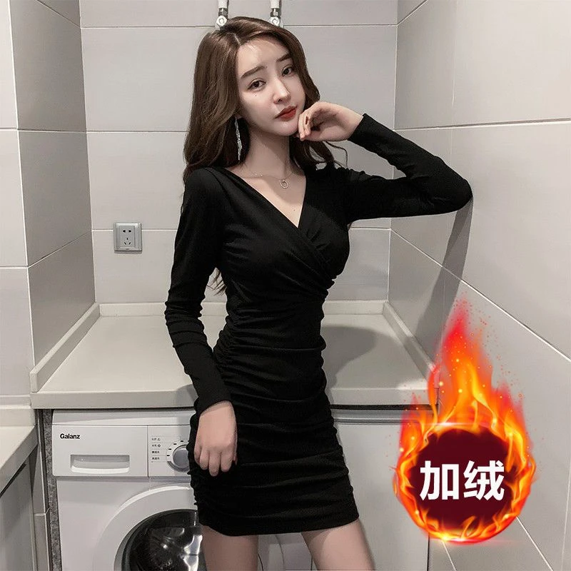 {宝藏服饰}交叉领加绒连衣裙收腰修身显瘦秋冬款褶皱夜店女装紧身
