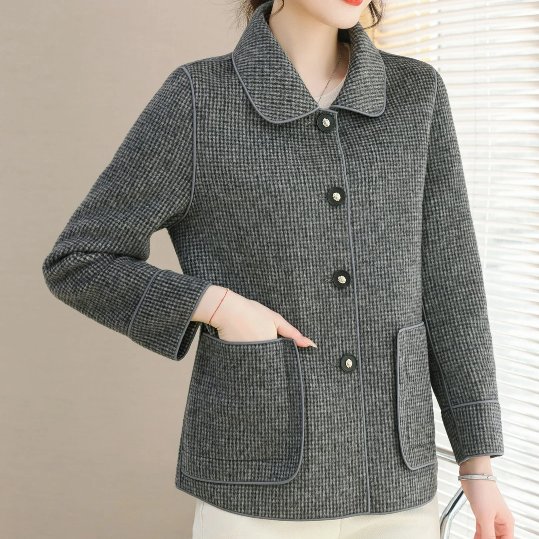 #8280手工缝制羊毛双面呢大衣外套高定短款黑白千鸟格2