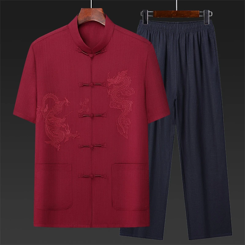 夏季短袖唐装男中老年爸爸套装夏装中国风男士休闲宽松爷爷夏装