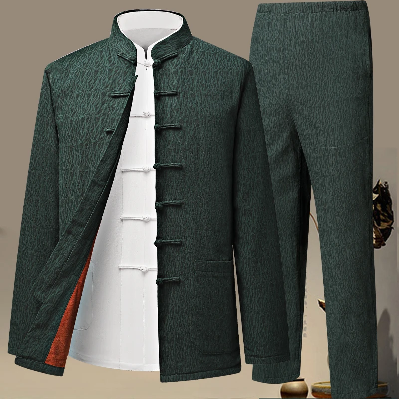 秋冬加厚唐装男士套装中式立领休闲中国风宽松加大码加绒外套