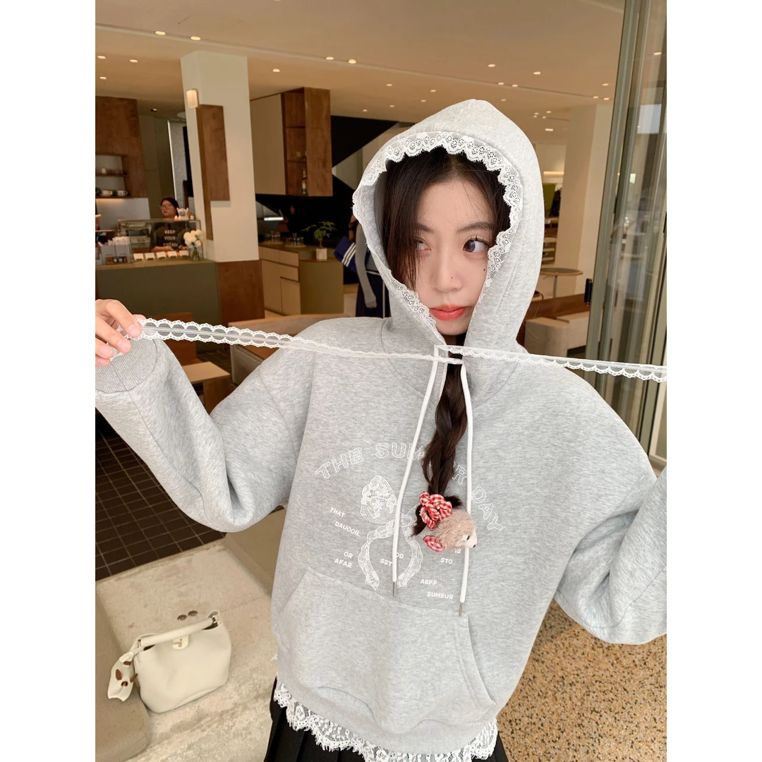 冬季加绒蕾丝拼接灰色连帽卫衣女韩版新款潮牌防寒保暖上衣