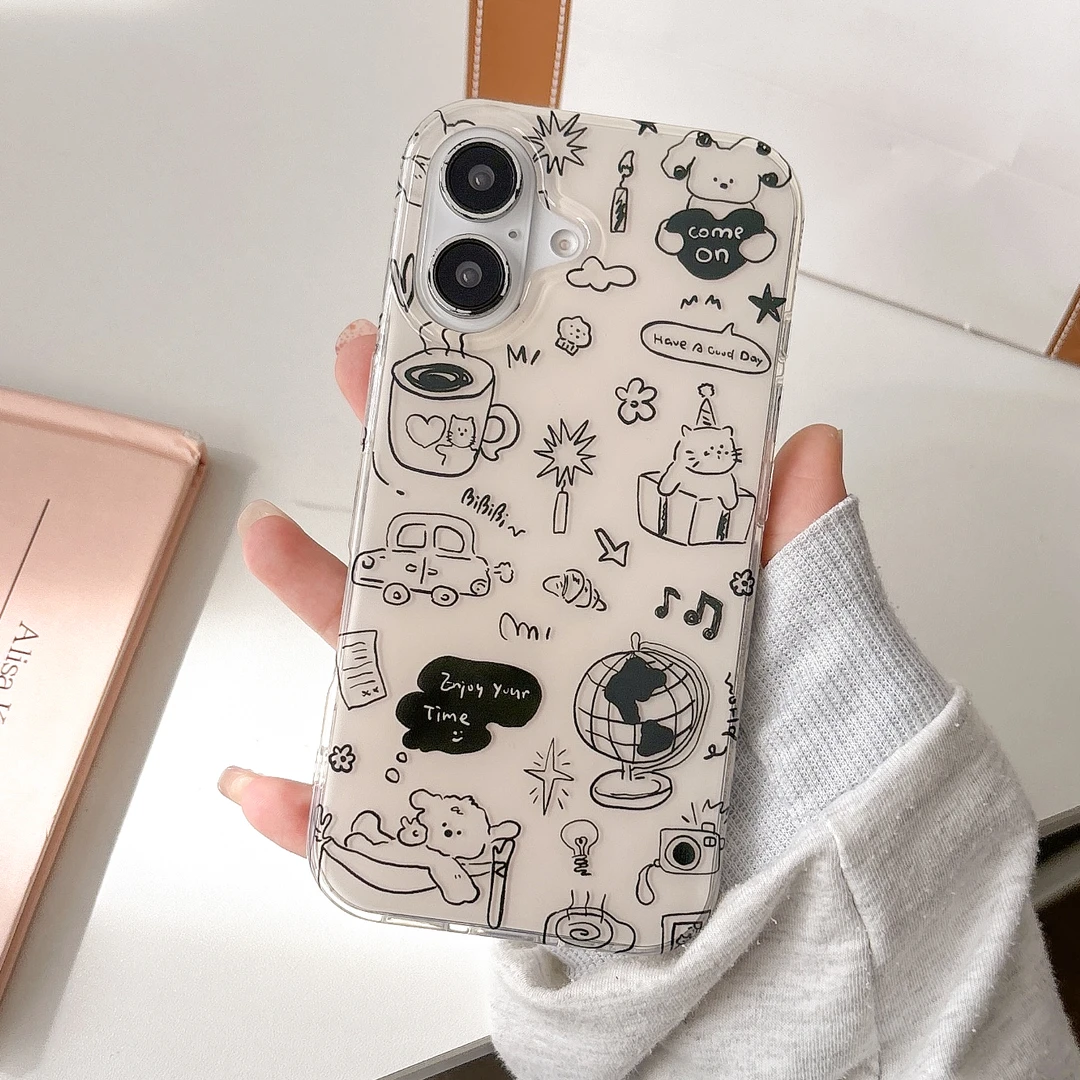 卡通线条小狗用苹果16promax手机壳iphone15全包防摔13可爱14趣味