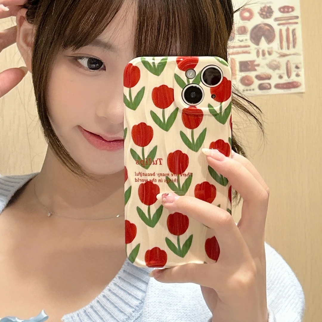 简约红色花朵适用苹果13手机壳iphone15全包防摔14promax软硅胶女