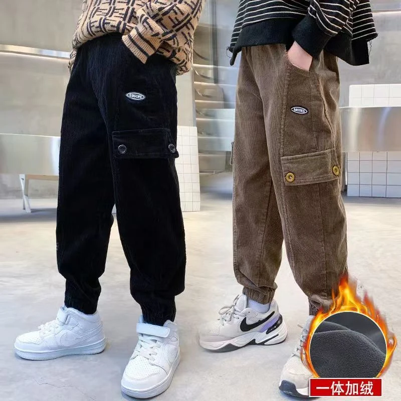 男童灯芯绒裤子2023秋冬季加绒加厚儿童棉绒大童休闲裤中大童长裤