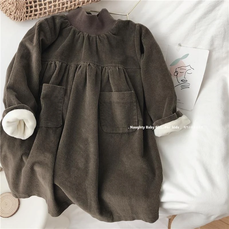 潮款韩国秋冬新款女童洋气连衣裙加绒加厚高领女宝宝娃娃裙灯芯绒