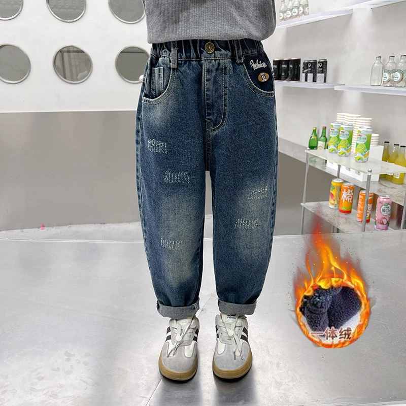 女童牛仔裤秋冬加绒韩版外穿2023新款儿童裤子加厚一体绒老爹裤