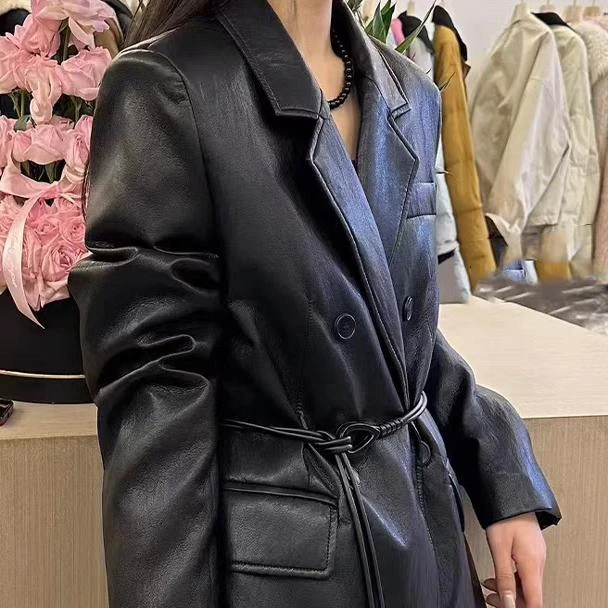 复古蛋白皮西装外套女欧洲站2025冬季新款韩版双排扣加厚内胆西服