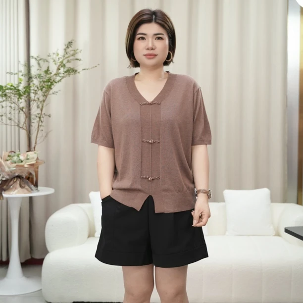 玛莲羽 大码夏显瘦时尚休闲新中式百搭宽松纯色气质薄款短袖25311