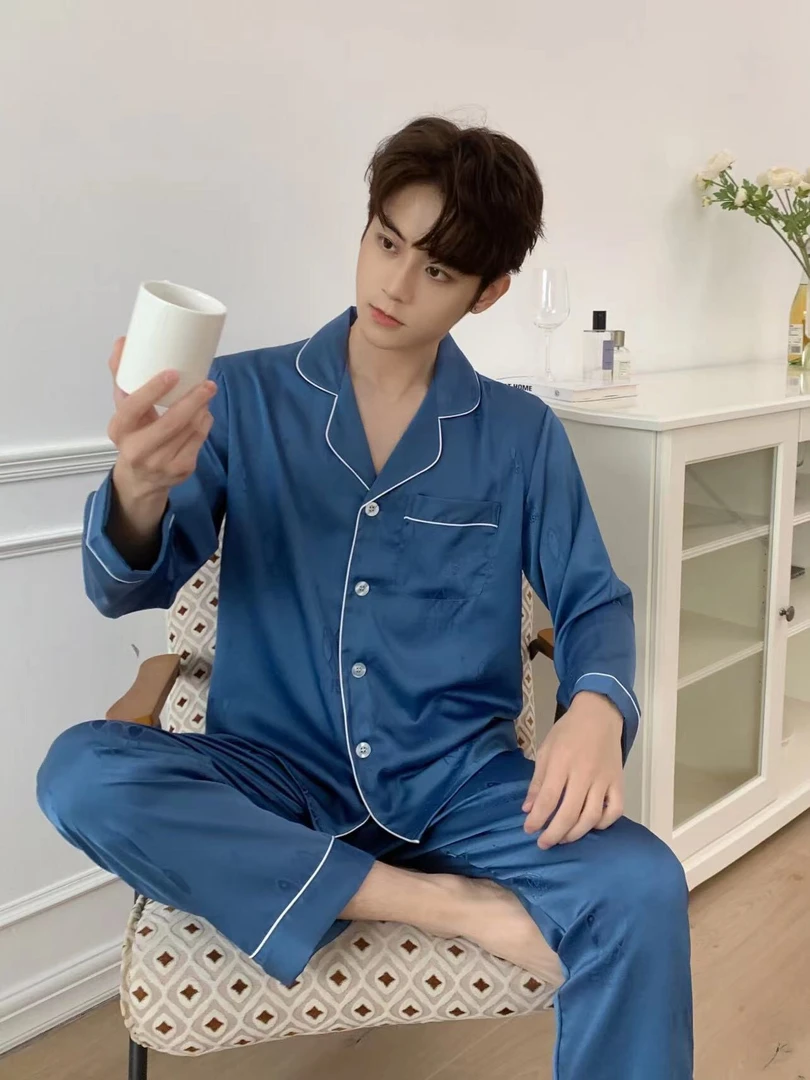 睡衣男春秋款长袖长裤冰丝2023年新款可外穿高级感丝绸家居服套装