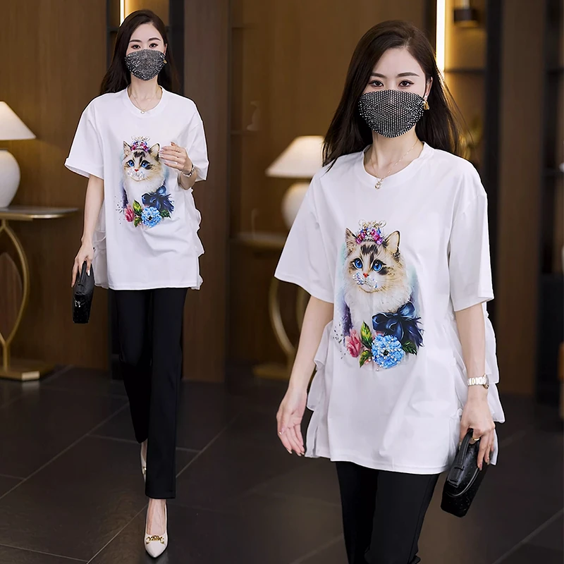 2024年2024夏季新款圆领花边印花女士T恤上衣胖MM