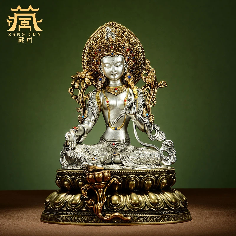 藏村白铜《绿度母》铜像摆件室内玄关客厅工艺品装饰办公桌面摆饰