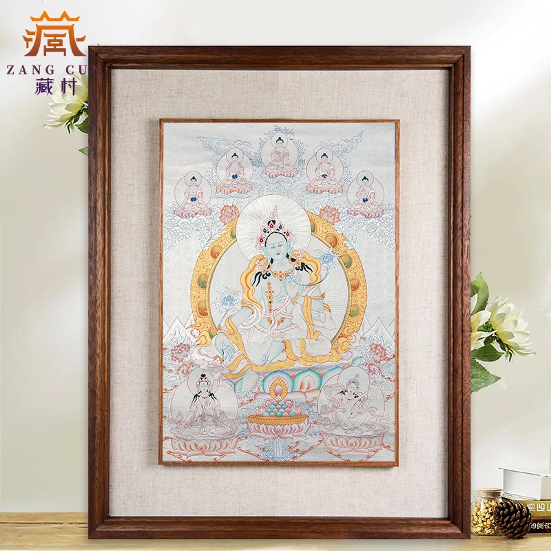 藏村《绿度母唐卡》实木装饰画银卡藏式唐卡挂画尼泊尔手绘唐卡