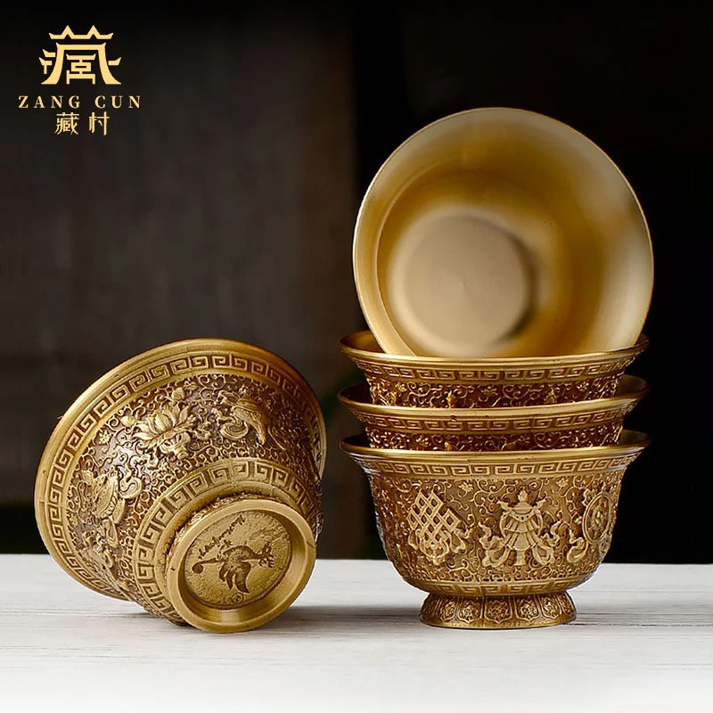 藏村小铜碗《八吉祥水碗》水杯贡杯 藏式雕花水碗 装饰铜制碗摆件