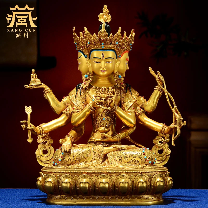 藏村全鎏金《尊胜F母》铜像摆件精工铜制工艺品铜雕桌面摆饰10寸