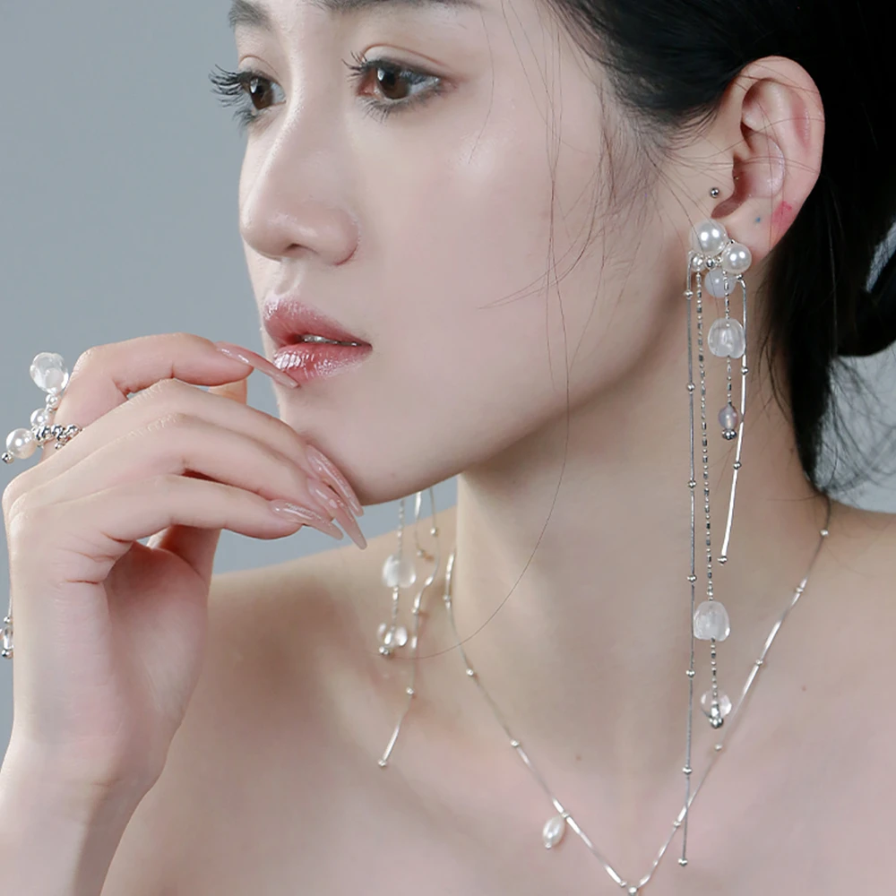 JINWAN 925银仿珍珠耳饰 花凝落花造型超仙长耳环手工气质