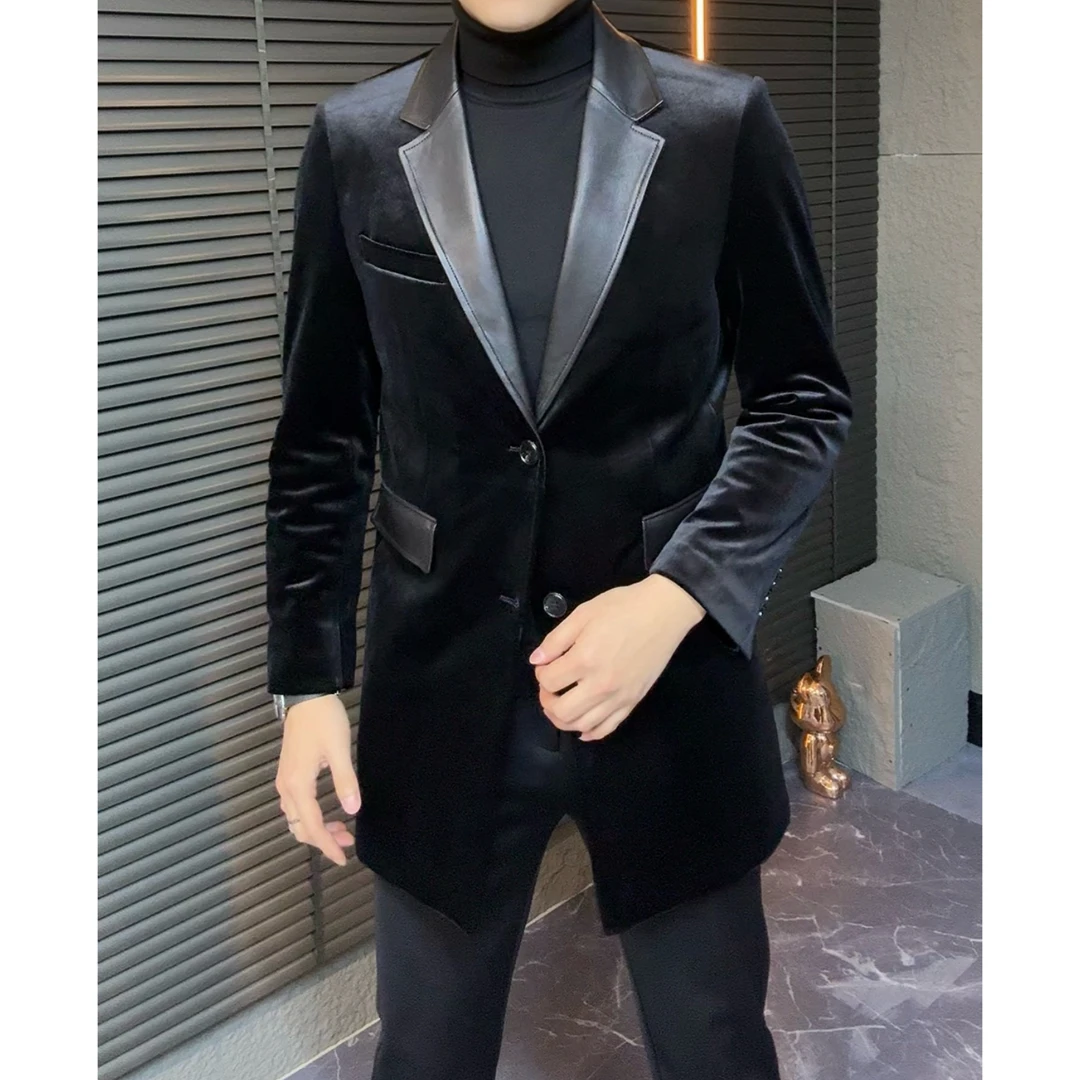 小雨男装｜6839 冬季高奢定制醋酸丝绒拼皮羽绒大衣S