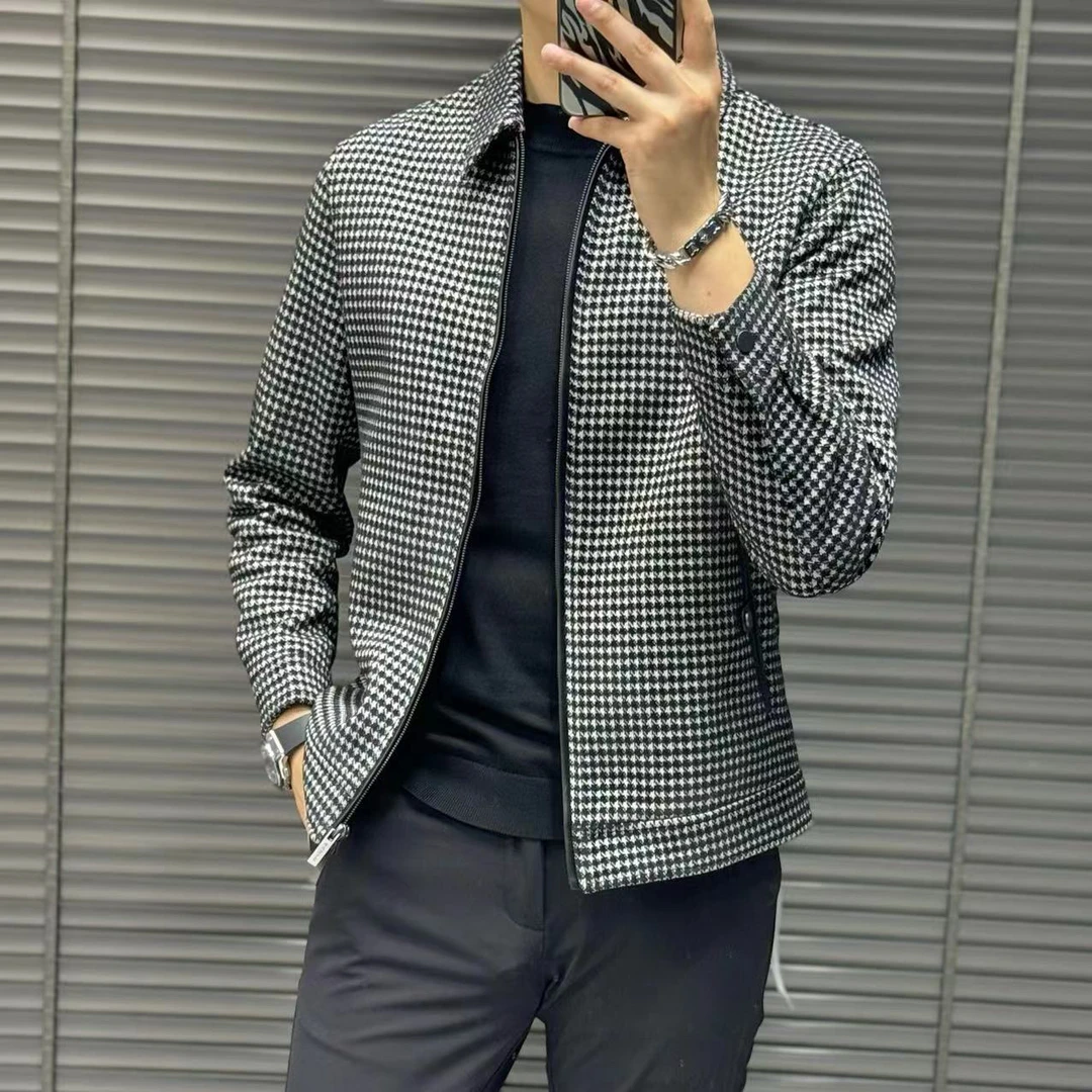 小雨男装｜3928 秋冬欧货定制男士翻领千鸟格修身夹克H