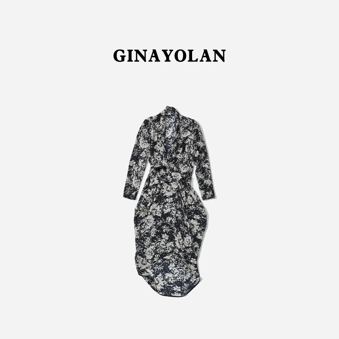 GINAYOLAN/瑾颜【设计师系列】意大利进口面料收腰花色真丝连衣裙